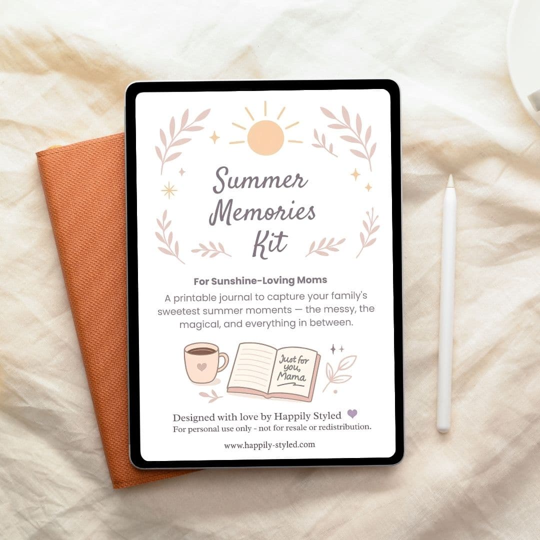 Tablet mockup showing the cover page of the Summer Memories Kit – a printable journal for moms by Happily Styled, designed for digital or home print use

