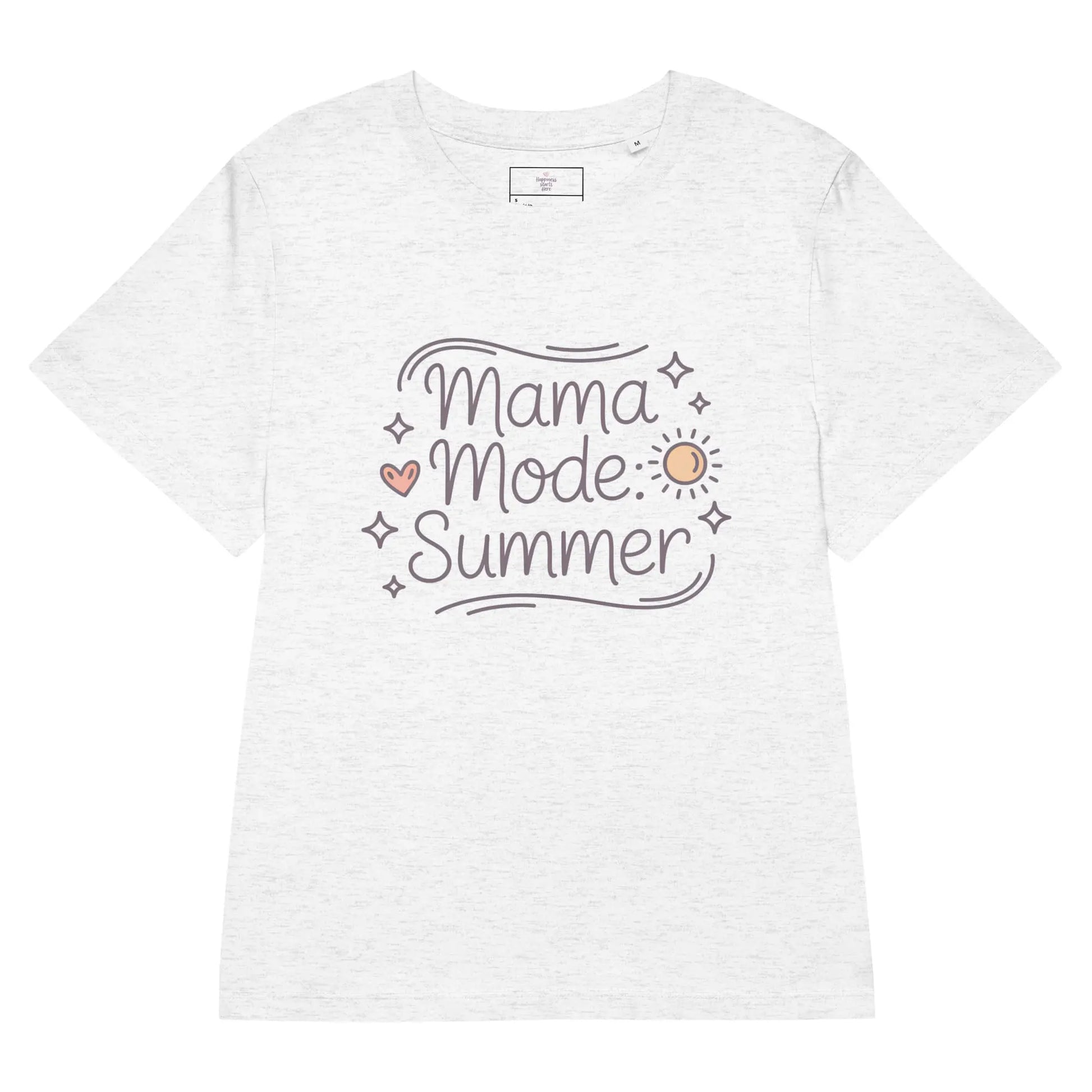 Flat lay of a light heather grey t-shirt with 'Mama Mode: Summer' design in pastel colors.