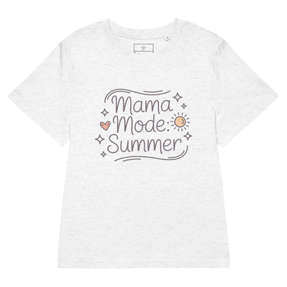 Flat lay of a light heather grey t-shirt with 'Mama Mode: Summer' design in pastel colors.