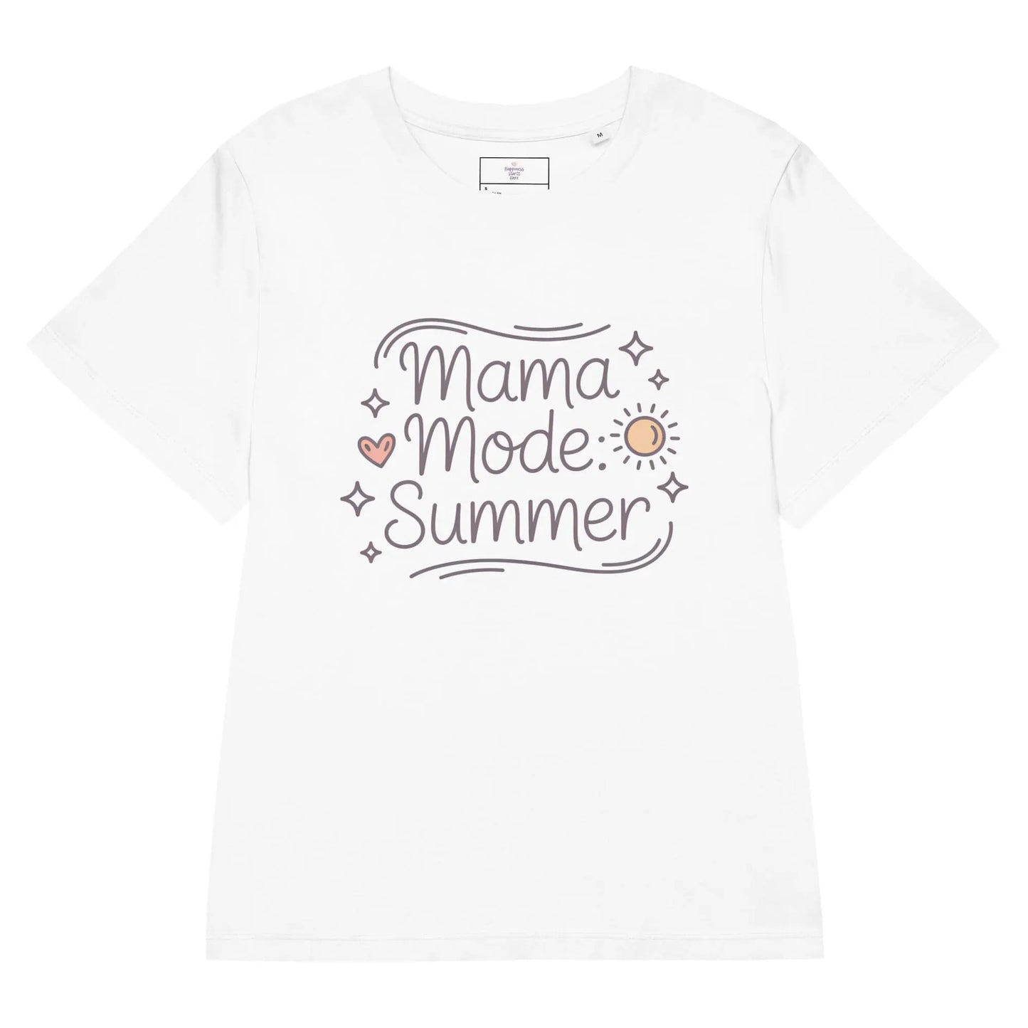 Flat lay of a white t-shirt with 'Mama Mode: Summer' design in pastel colors.