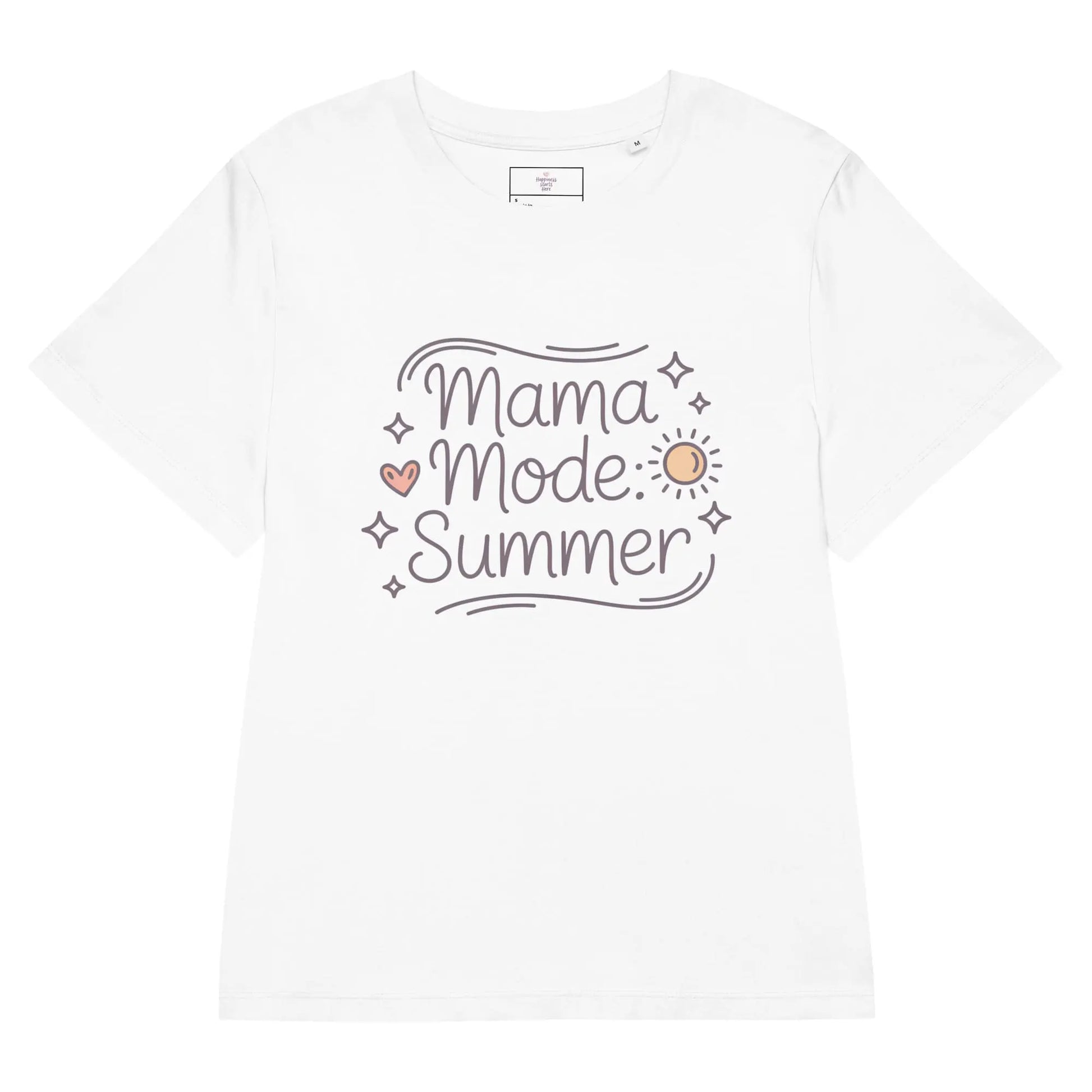 Flat lay of a white t-shirt with 'Mama Mode: Summer' design in pastel colors.