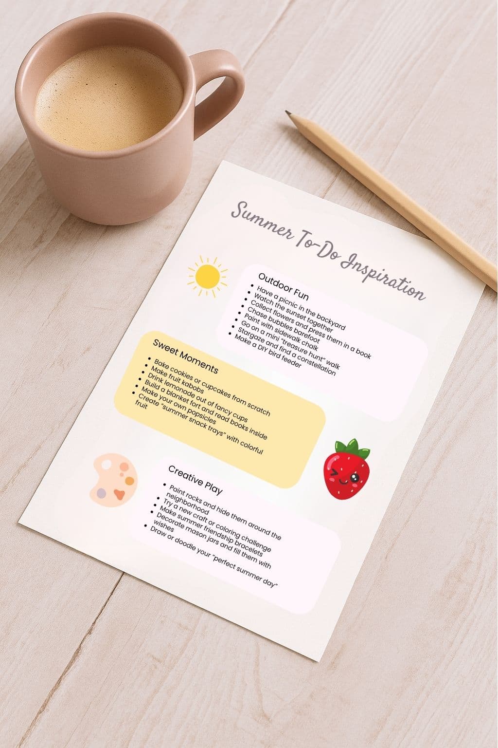 Flat lay of Summer To-Do Inspiration printable journal page with coffee cup and pencil on wood desk – part of the Summer Memories Kit by Happily Styled