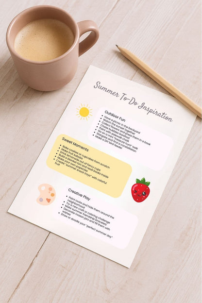 Flat lay of Summer To-Do Inspiration printable journal page with coffee cup and pencil on wood desk – part of the Summer Memories Kit by Happily Styled