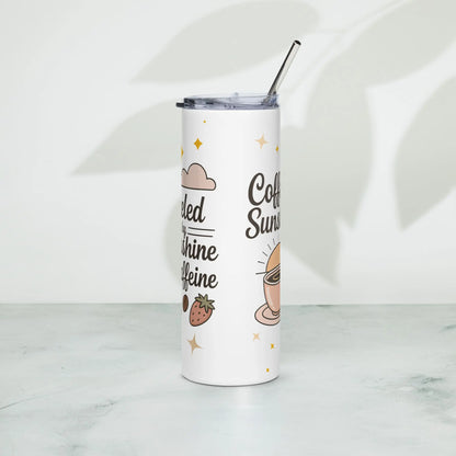 Stainless steel tumbler standing on marble surface with text ‘Fueled by Sunshine & Caffeine’. Soft shadow background with pastel coffee-themed illustrations. Ideal for moms.