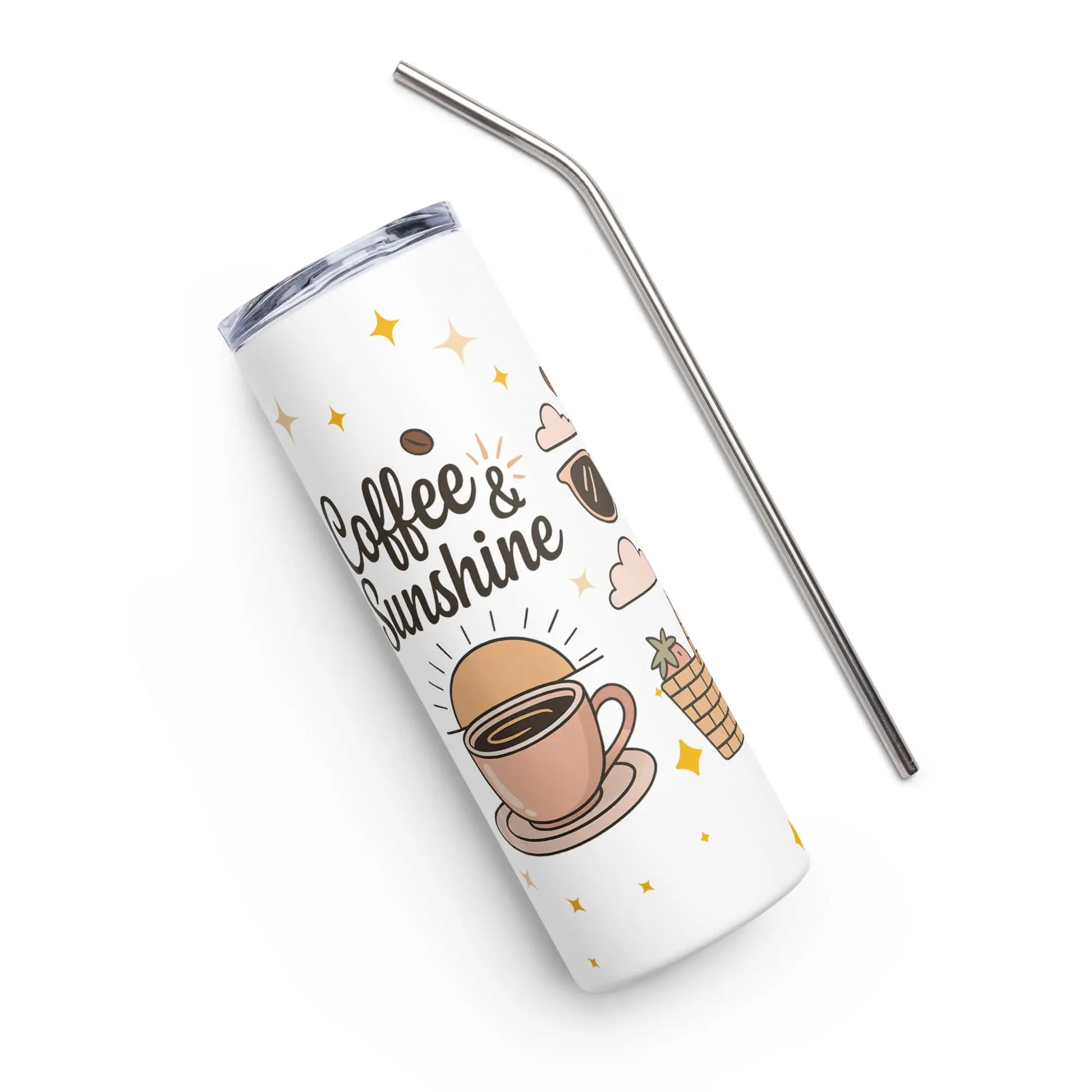 Close-up right side view of a white stainless steel tumbler with metal straw, featuring ‘Coffee & Sunshine’ quote and pastel coffee cup illustration.