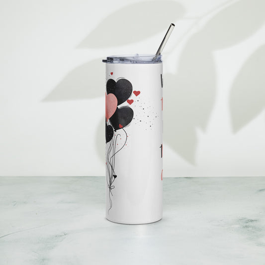 Back of the tumbler featuring black and red hearts with starry effect – matching the front quote design