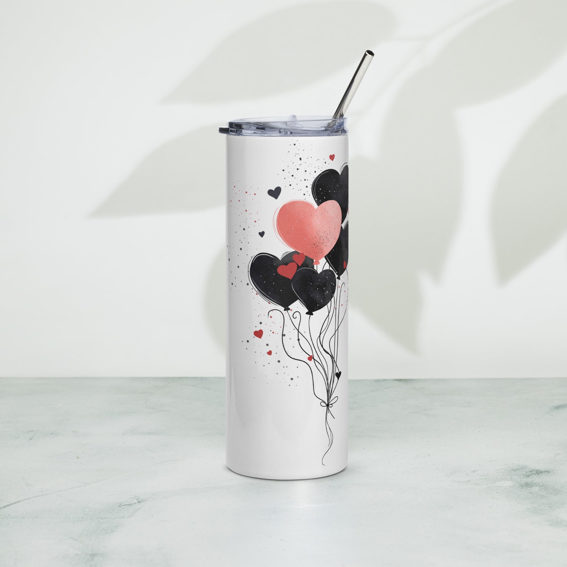 Modern stainless steel tumbler – right side view with joyful love-themed message and cute heart accents