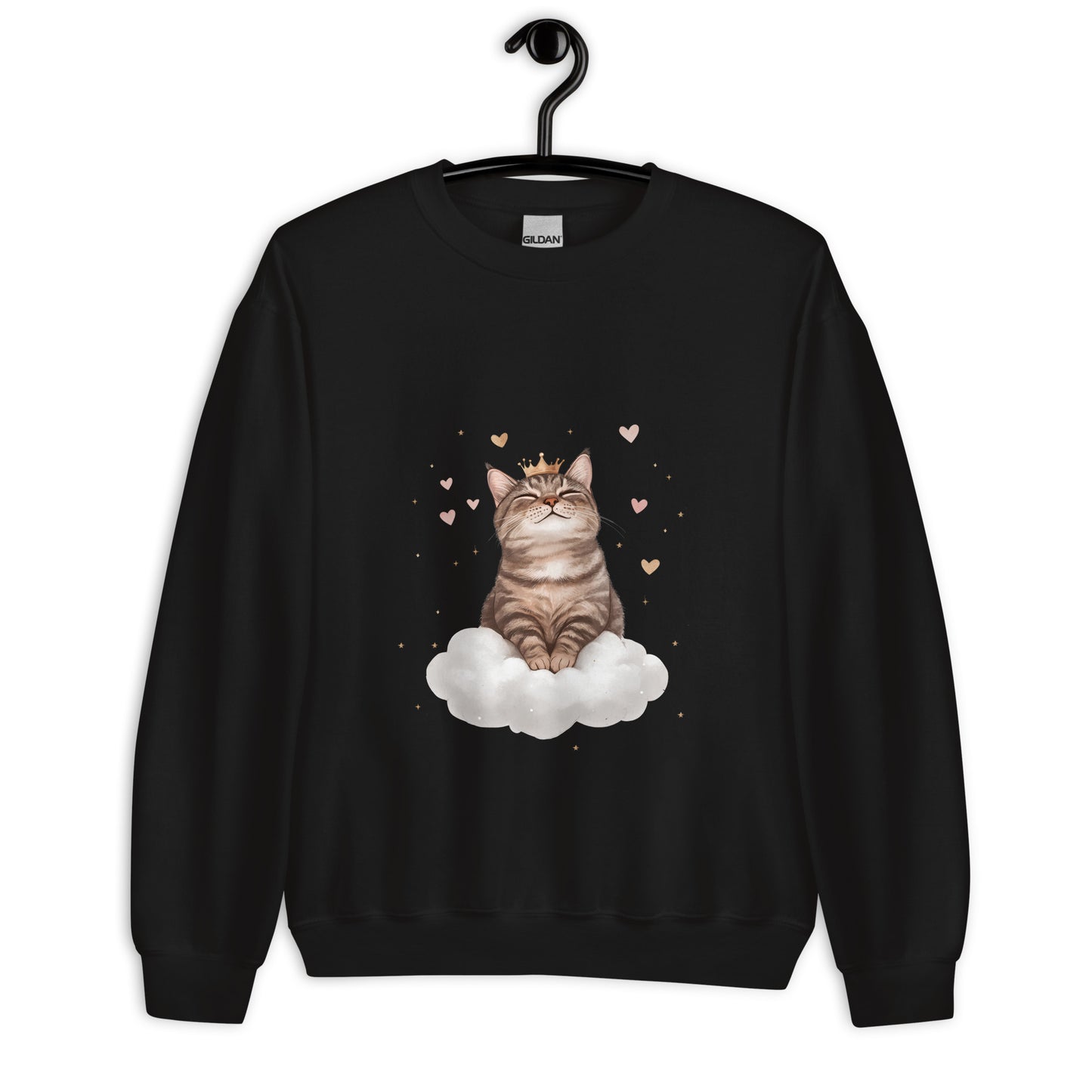 Black crewneck sweatshirt on hanger featuring a crowned cat sitting on a cloud with floating hearts