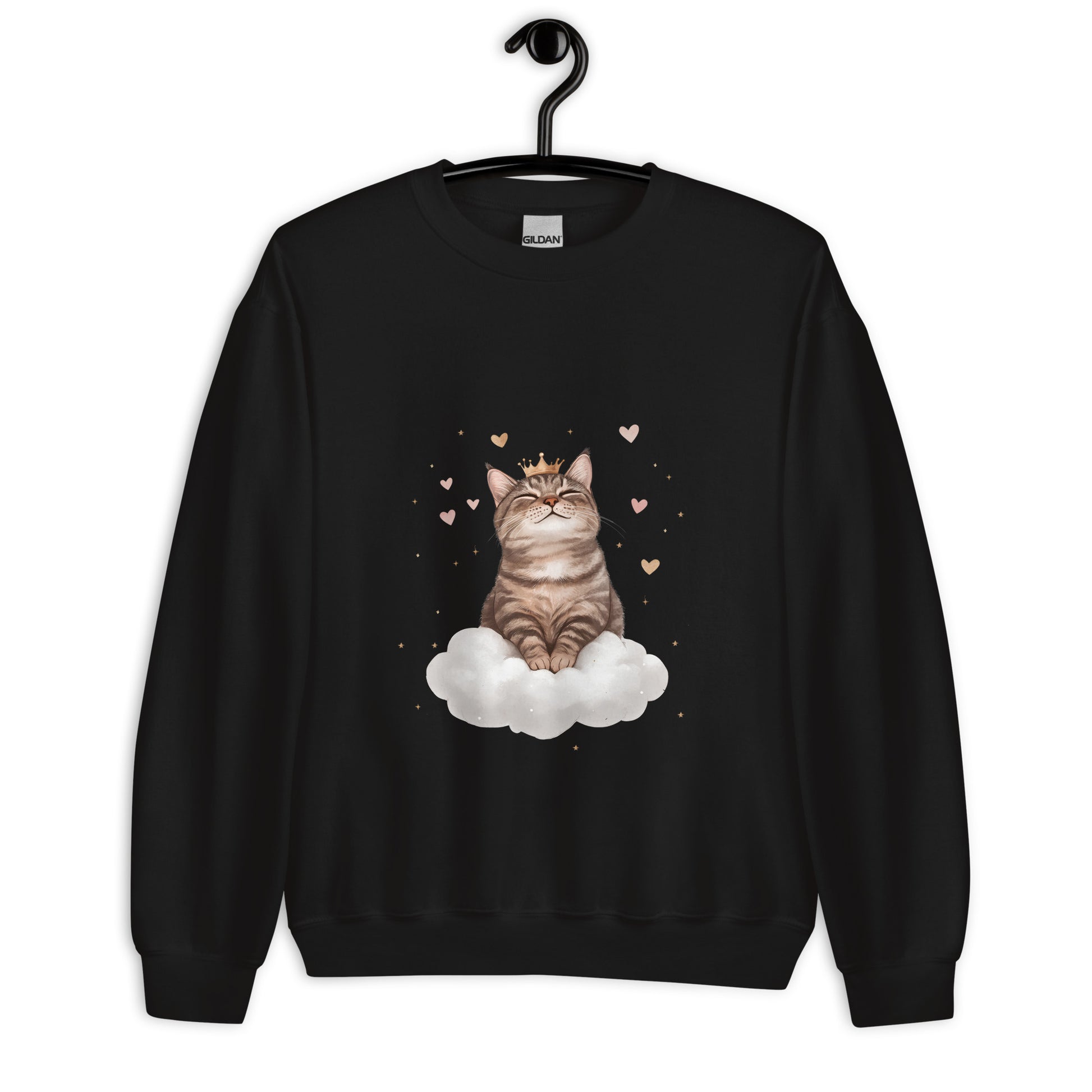 Black crewneck sweatshirt on hanger featuring a crowned cat sitting on a cloud with floating hearts