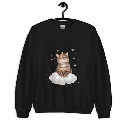 Black crewneck sweatshirt on hanger featuring a crowned cat sitting on a cloud with floating hearts