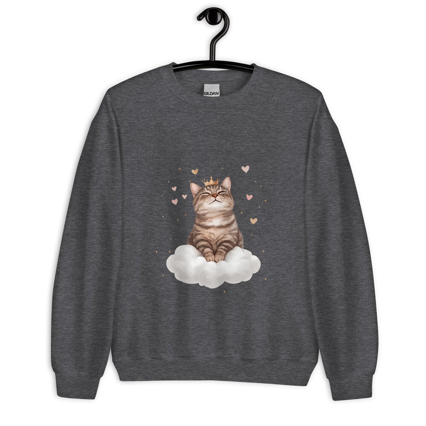 Dark heather crewneck sweatshirt on hanger featuring a crowned cat sitting on a cloud with floating hearts