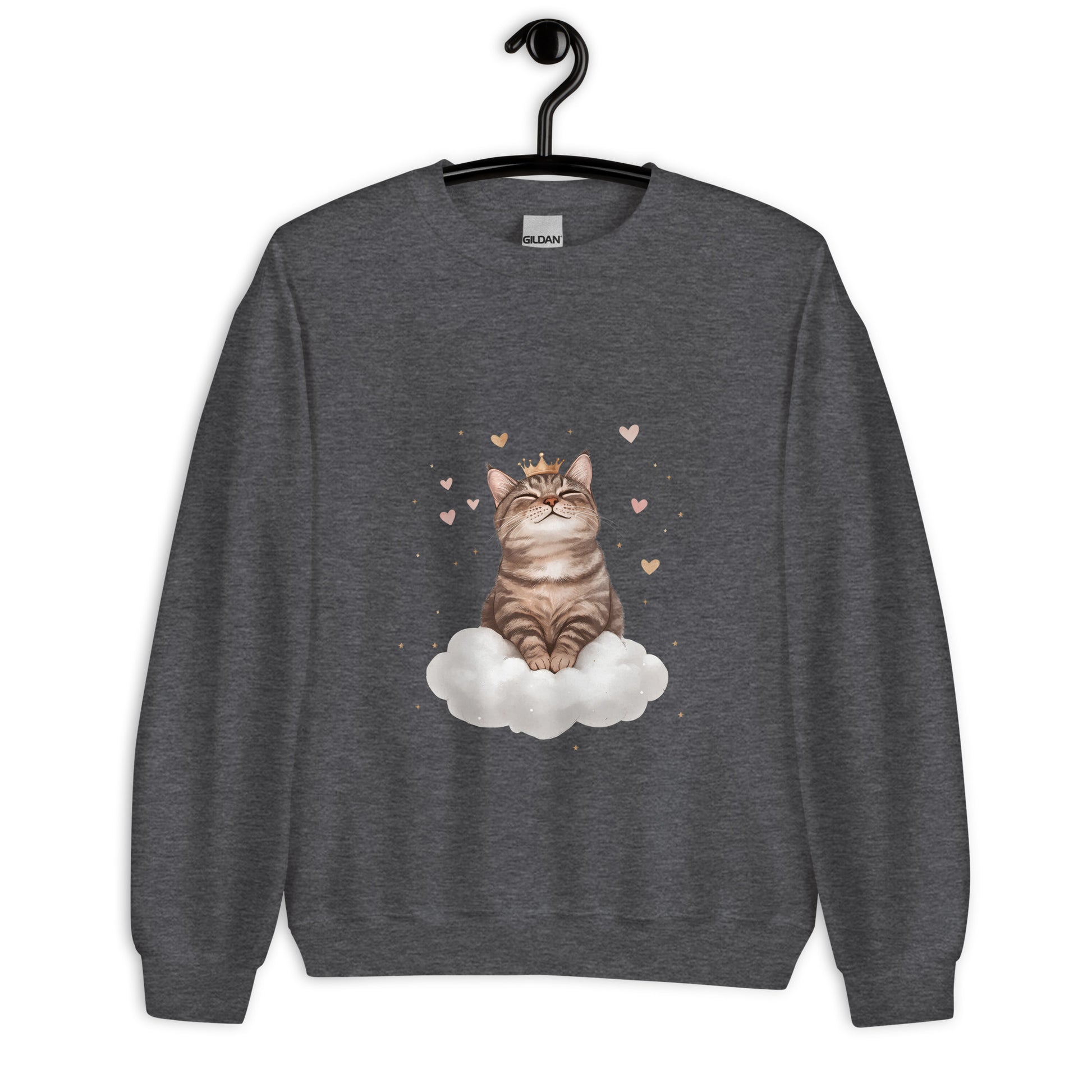 Dark heather crewneck sweatshirt on hanger featuring a crowned cat sitting on a cloud with floating hearts