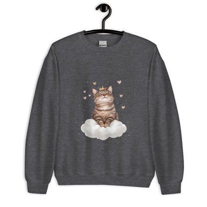 Dark heather crewneck sweatshirt on hanger featuring a crowned cat sitting on a cloud with floating hearts
