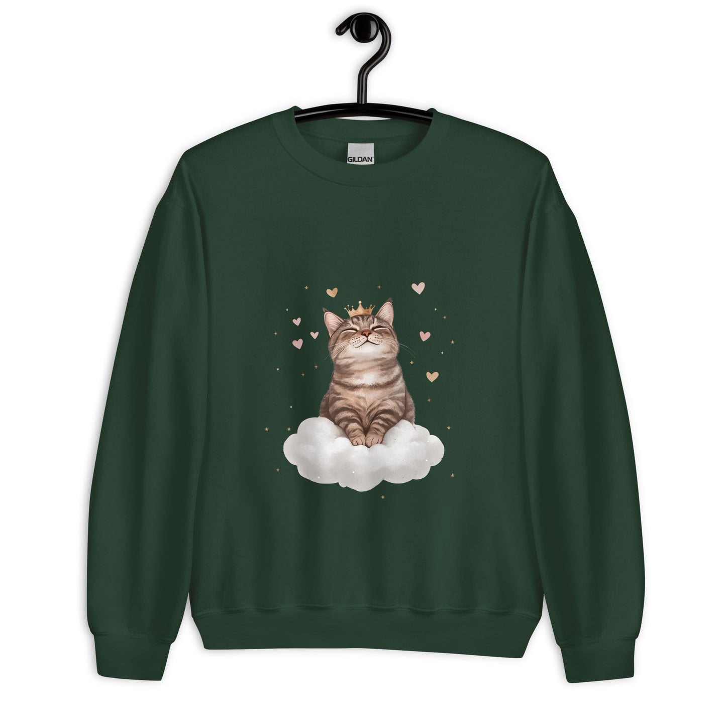 Forest green crewneck sweatshirt on hanger featuring a crowned cat sitting on a cloud with floating hearts
