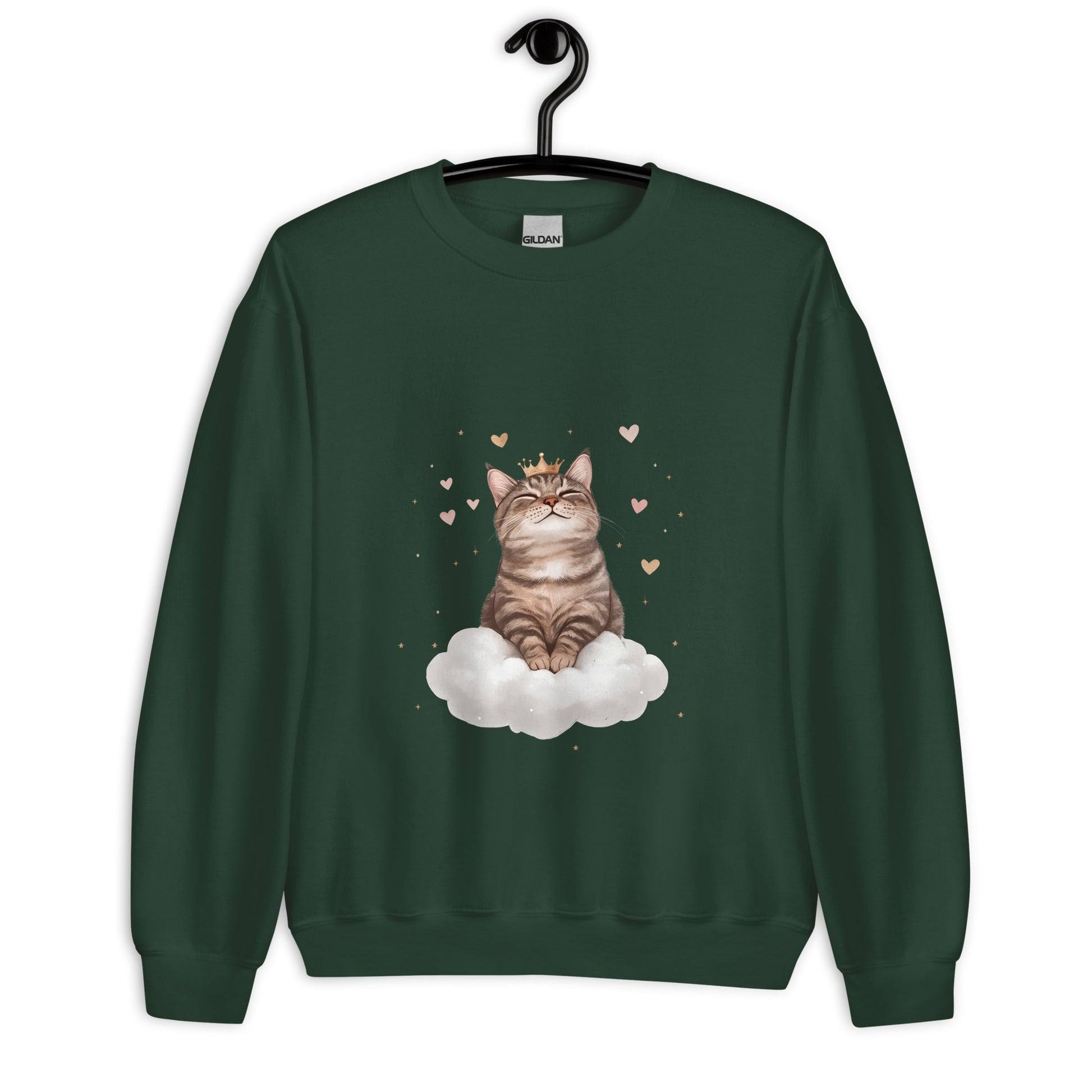 Forest green crewneck sweatshirt on hanger featuring a crowned cat sitting on a cloud with floating hearts