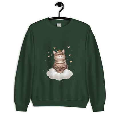 Forest green crewneck sweatshirt on hanger featuring a crowned cat sitting on a cloud with floating hearts