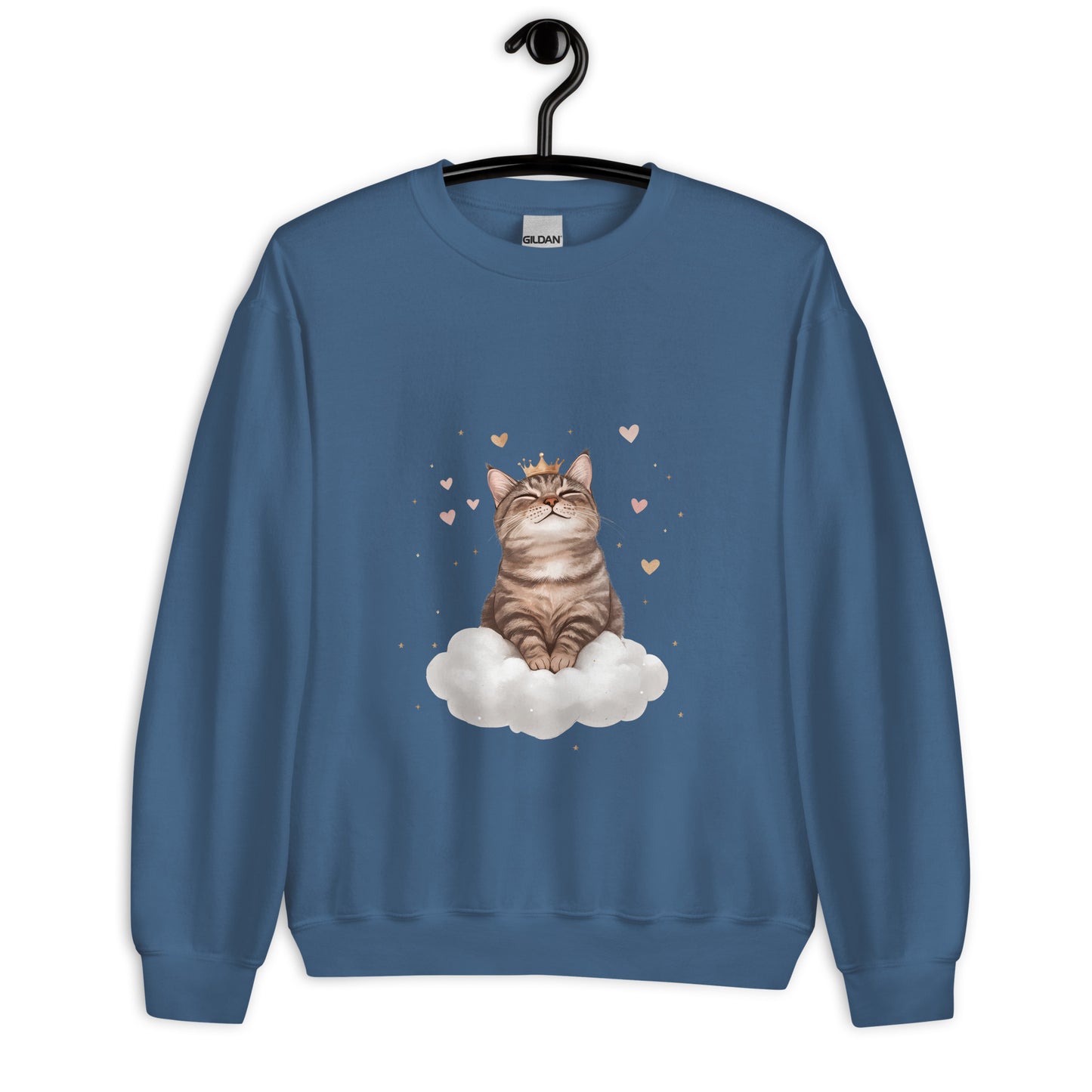 Indigo blue crewneck sweatshirt on hanger featuring a crowned cat sitting on a cloud with floating hearts