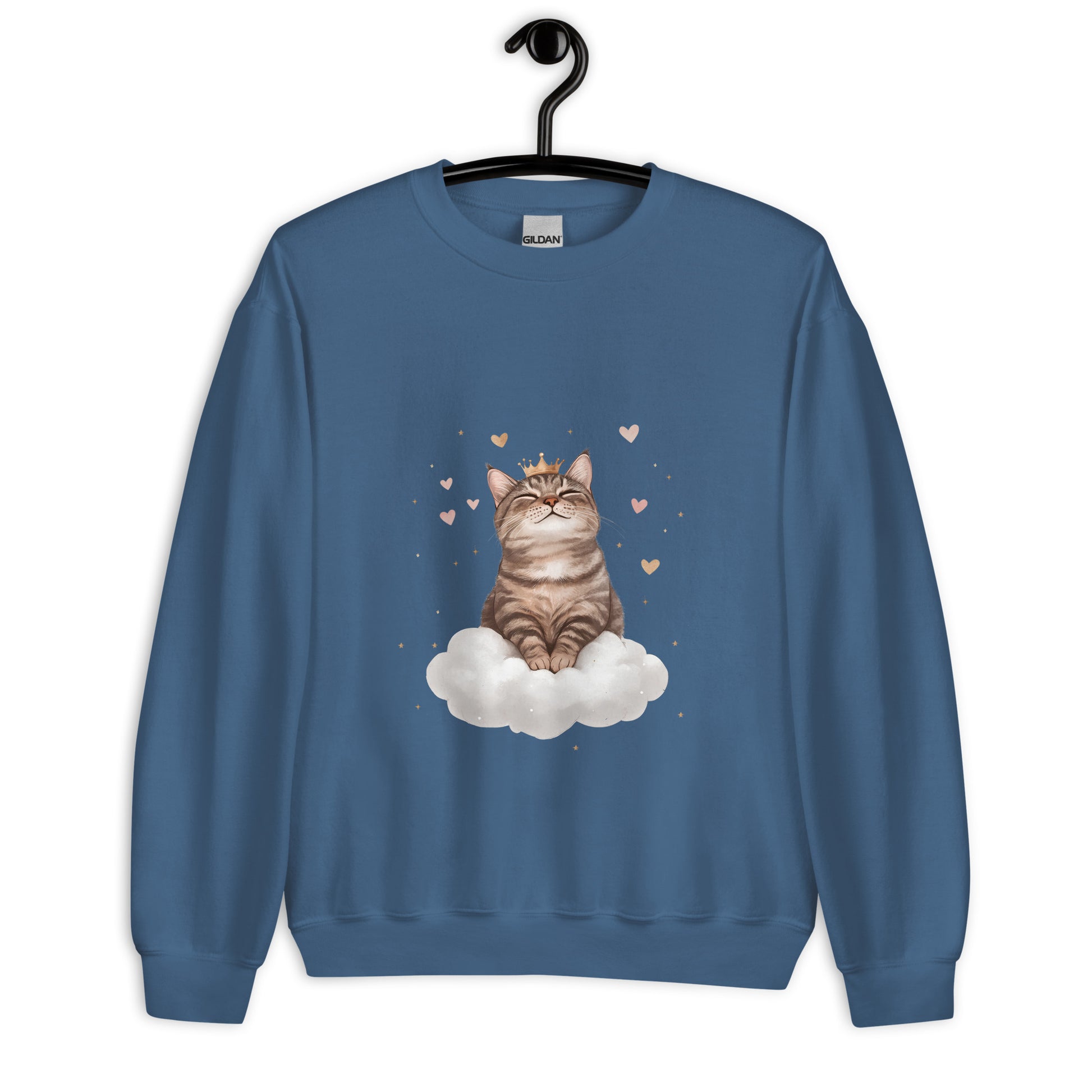 Indigo blue crewneck sweatshirt on hanger featuring a crowned cat sitting on a cloud with floating hearts