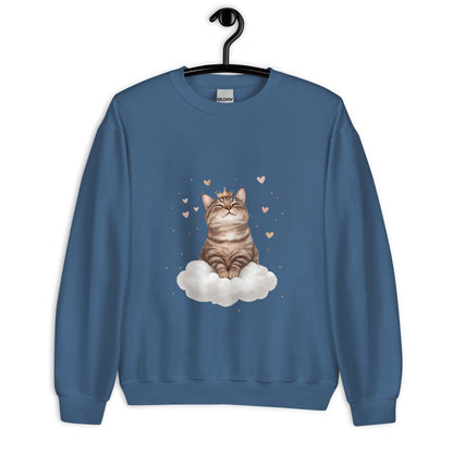 Indigo blue crewneck sweatshirt on hanger featuring a crowned cat sitting on a cloud with floating hearts