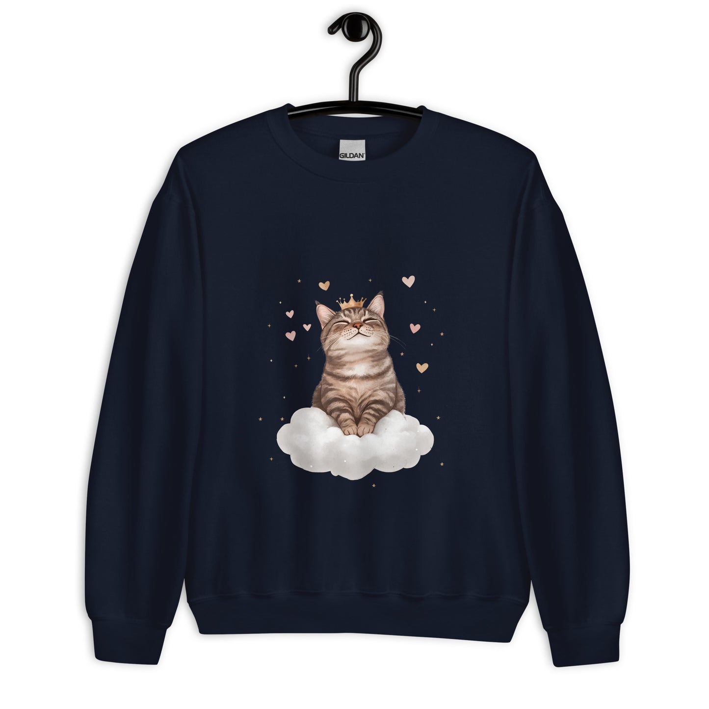 Navy blue crewneck sweatshirt on hanger featuring a crowned cat sitting on a cloud with floating hearts