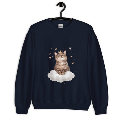 Navy blue crewneck sweatshirt on hanger featuring a crowned cat sitting on a cloud with floating hearts
