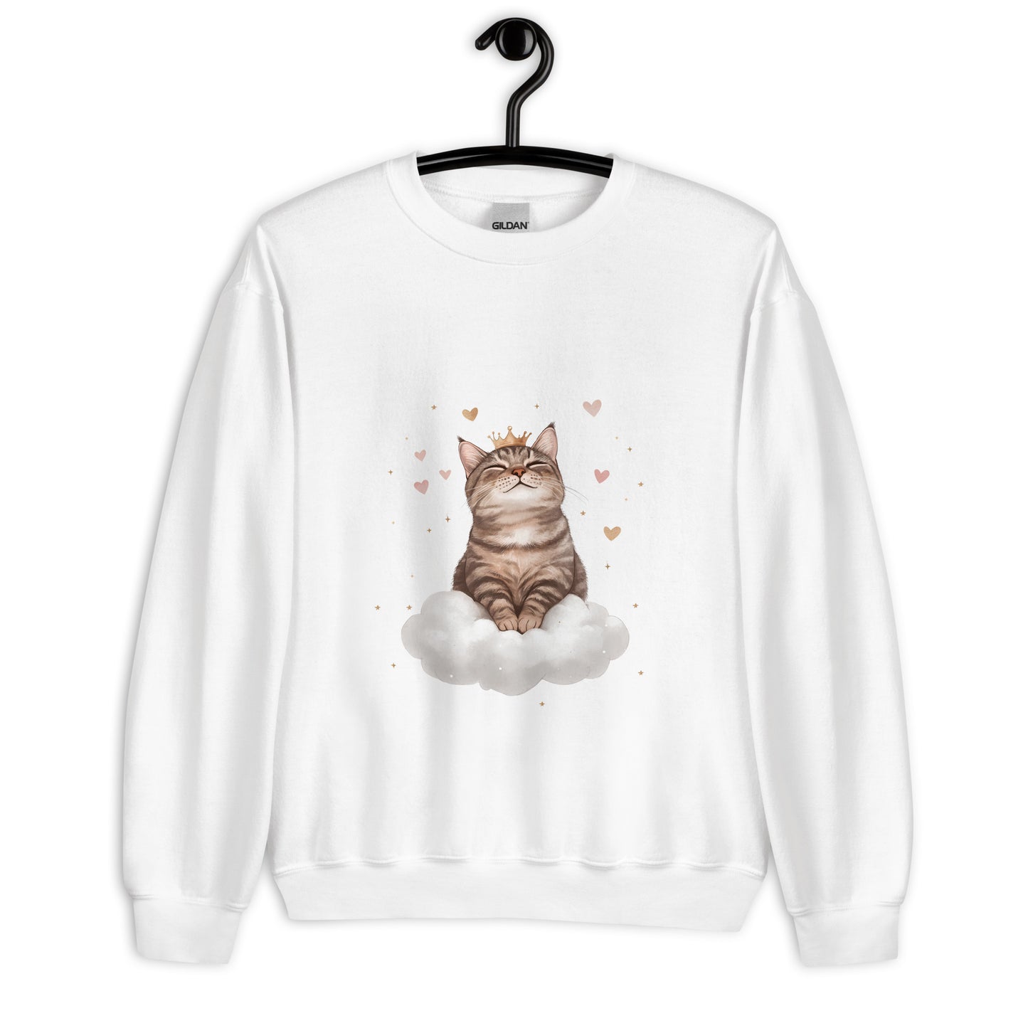 White crewneck sweatshirt on hanger featuring a crowned cat sitting on a cloud with floating hearts
