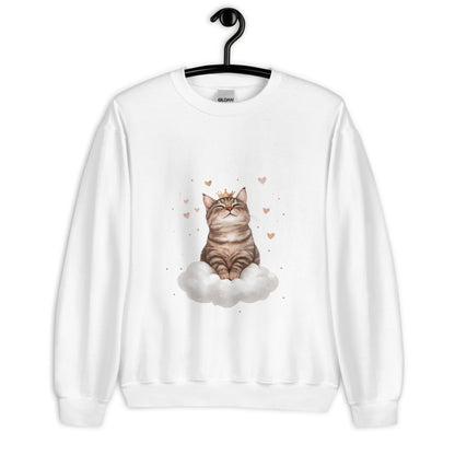 White crewneck sweatshirt on hanger featuring a crowned cat sitting on a cloud with floating hearts