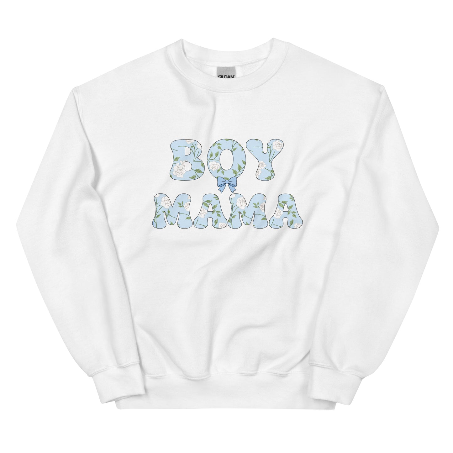 White Boy Mama sweatshirt with pastel floral bubble letters, flat-lay mockup of cute boy mom crewneck for everyday mom life outfits.