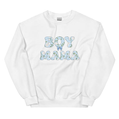 White Boy Mama sweatshirt with pastel floral bubble letters, flat-lay mockup of cute boy mom crewneck for everyday mom life outfits.