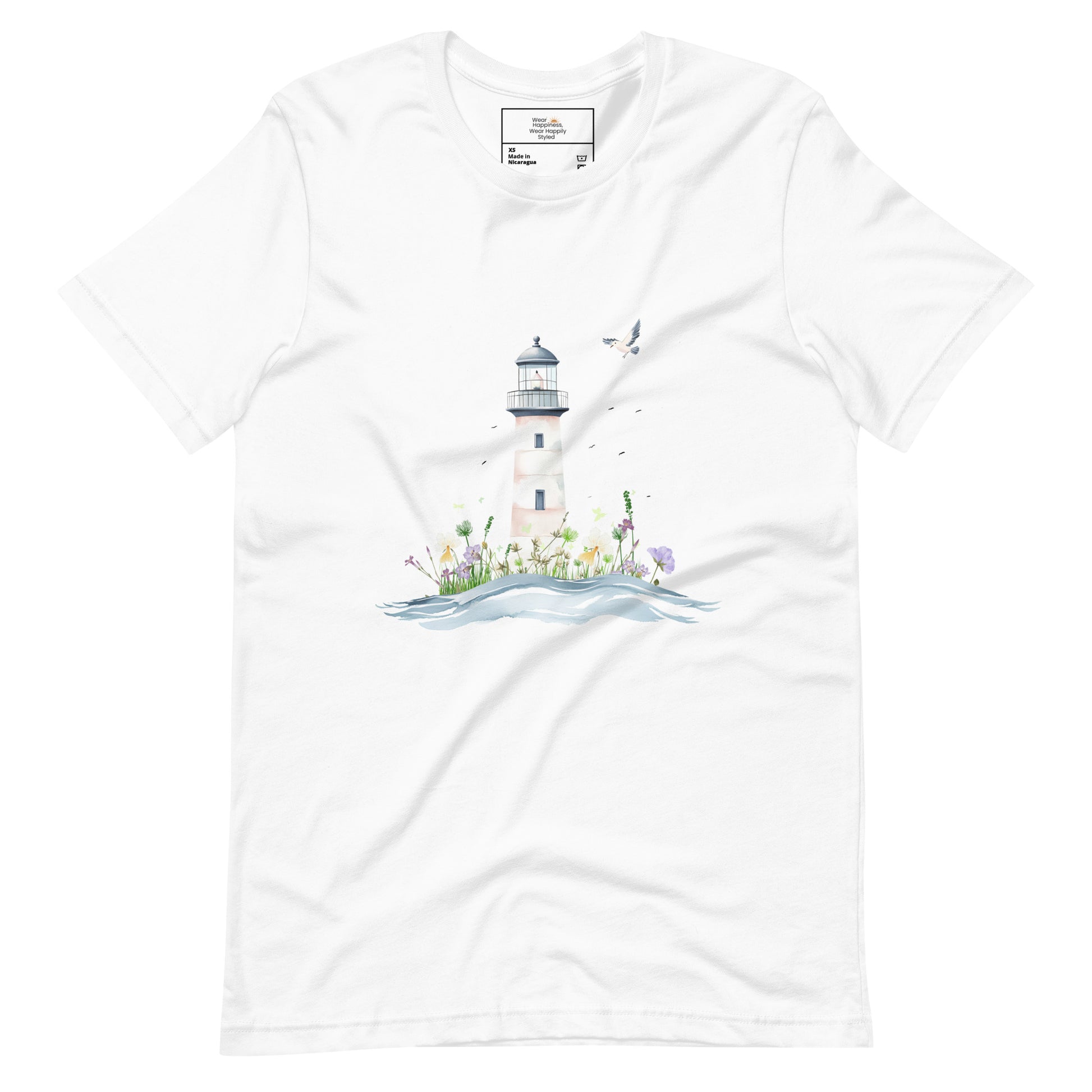 White-colored t-shirt laid flat featuring a serene lighthouse illustration with floral details and a seagull in flight, designed for peaceful mom style.