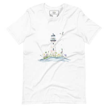 White-colored t-shirt laid flat featuring a serene lighthouse illustration with floral details and a seagull in flight, designed for peaceful mom style.