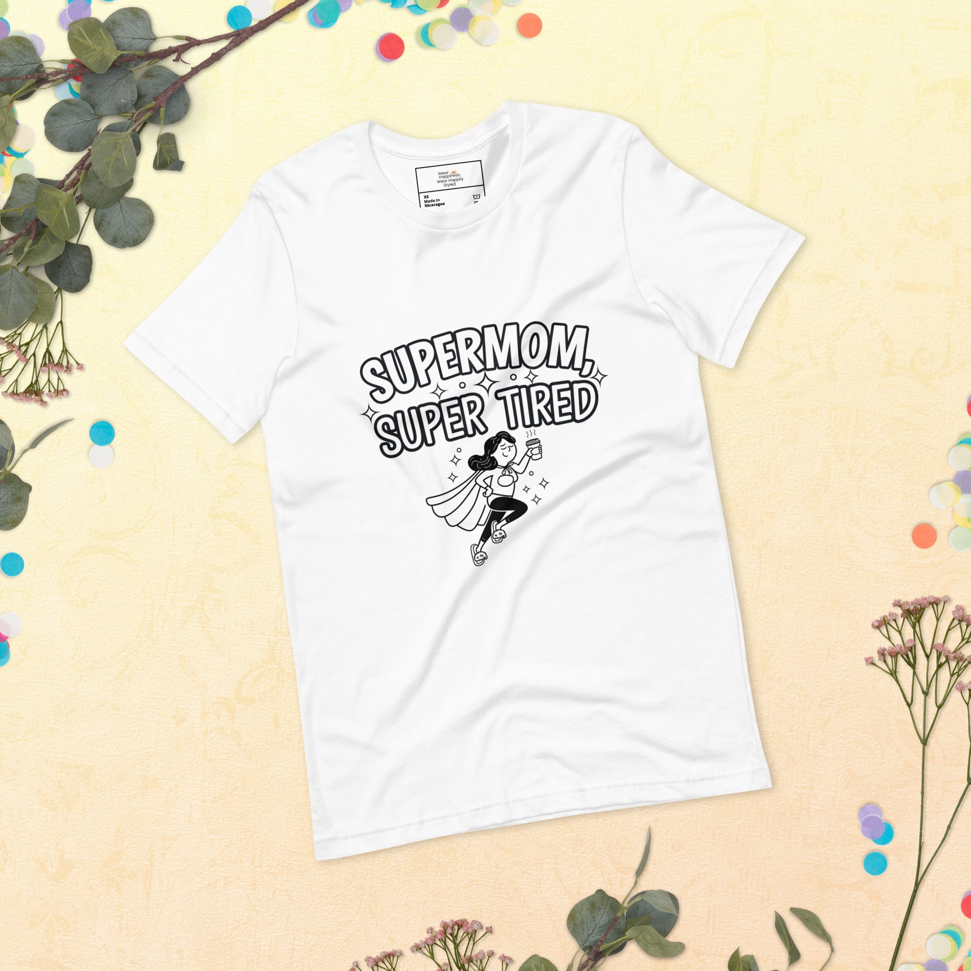 Flat lay photo of a white t-shirt with a playful 