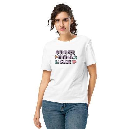 Woman wearing a white "Summer Mama Club" t-shirt with pastel design, standing in front of a white background.