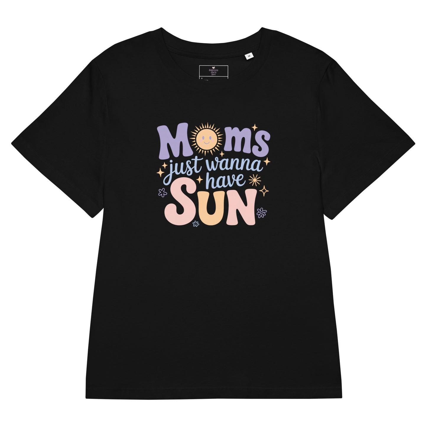 Black t-shirt mockup with pastel “Moms Just Wanna Have Sun” design featuring smiling sun and stars – summer t-shirt for moms by Happily Styled
