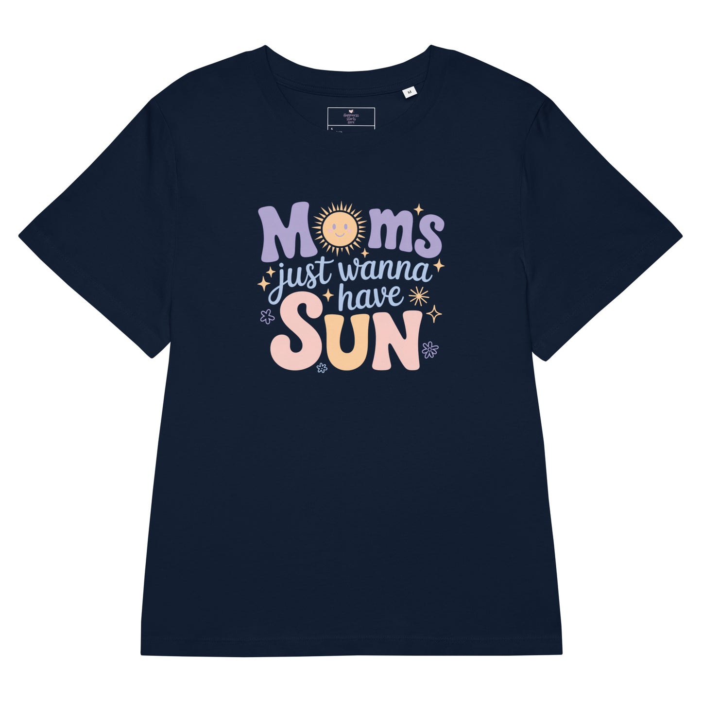 Navy blue t-shirt mockup with pastel “Moms Just Wanna Have Sun” design featuring smiling sun and stars – summer t-shirt for moms by Happily Styled