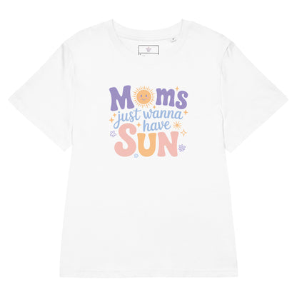 White t-shirt mockup with pastel “Moms Just Wanna Have Sun” design featuring smiling sun and stars – summer t-shirt for moms by Happily Styled